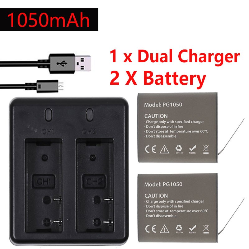 4 stuks X 1050 mAH PG1050 Camera Batterij + Dual Charger Voor EKEN H9 H9R H3R H8R H8PRO H8 SJ4000 SJ5000 M10 Actie Camera Batteria: 2 battery 1 charger