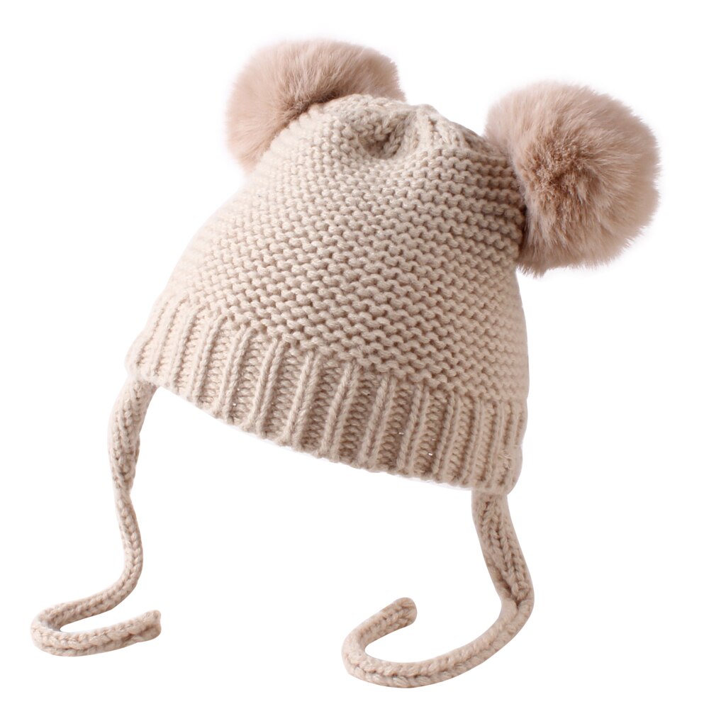 ¡Novedad de ! Accesorios para bebés, gorros de lana tejidos con cinta, gorros cálidos para el invierno para niños y niñas, gorros de lana tejidos con bola peluda: Beige