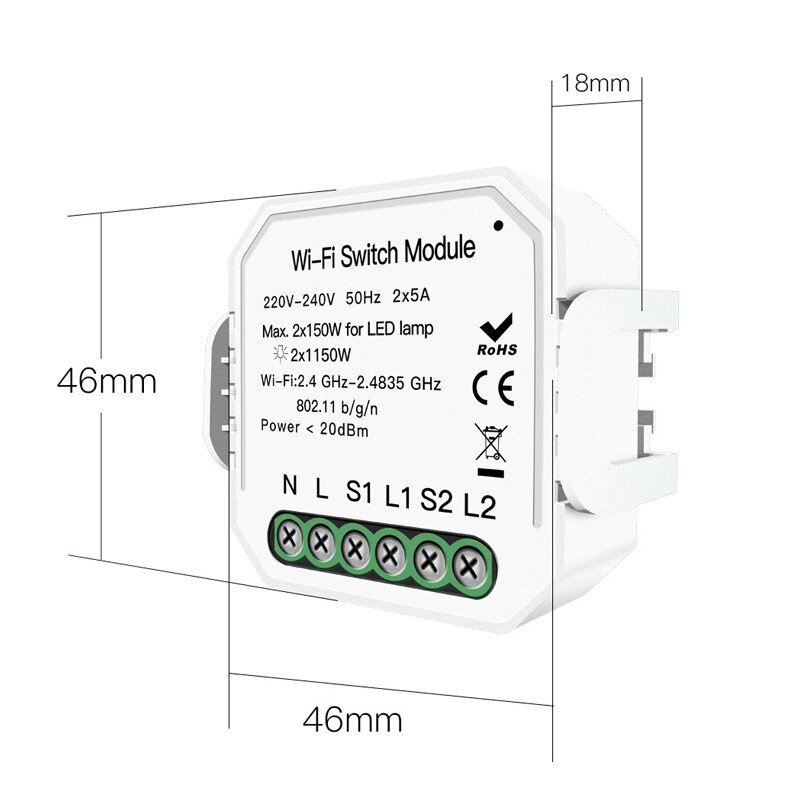 Mini Circuit Breakers 220-240V WIFI Intelligent Light Switch DIY Breaker Module APP Remote Control 2 Gang 2 Way Moulded Case