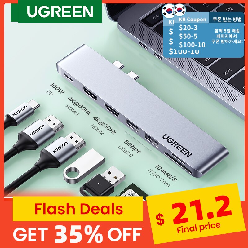 Ugreen usb c hub dual type-c til multi usb 3.0 4k hdmi for macbook pro air adapter thunderbolt 3 dock usb  c 3.1 port type c hub