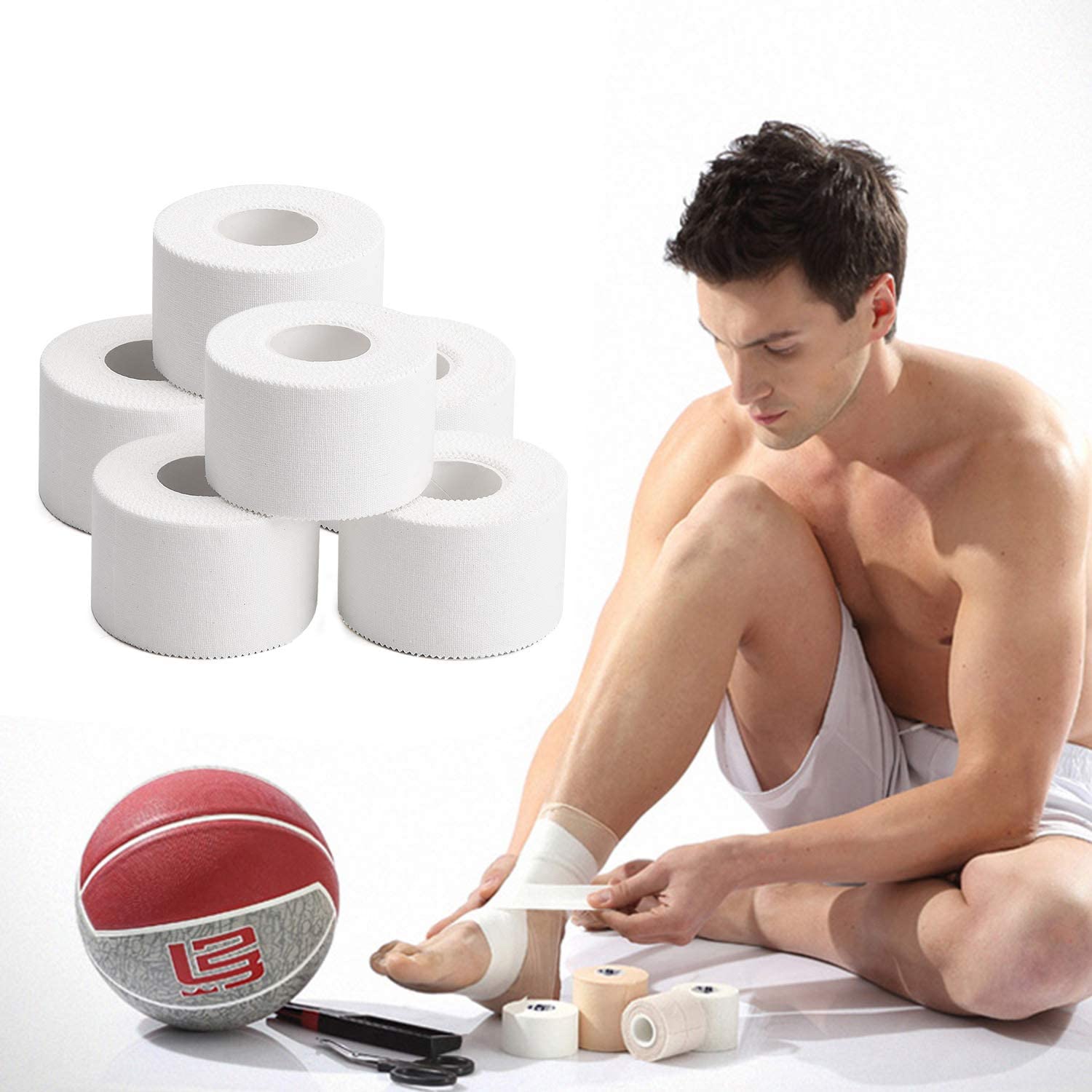 10 pakke atletisk tape i hvid bomuld sport tape klæbende elastisk bandage knæled håndled ankler muskelstøtte - let at rive