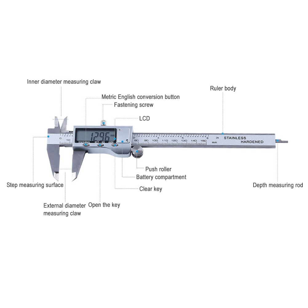 0-150mm/0-6 Inches LCD Electronic Digital Stainless Steel Vernier Caliper Micrometer Measuring Tool