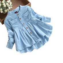 Peuter Kid Baby Meisjes Blouse Mode Denim Ruches Lange Mouwen Tops Blouse Kleding Herfst Winter Knop Vetement Enfant Fille