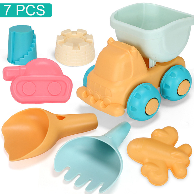 Kids Beach Toys Summer Soft Plastic Children Sandbox Set Kit Water Game Toys Play Sand Water Game Play Cart: 7PCS