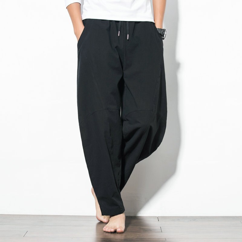 , pantalones Harem de imitación de lino para hombre, pantalones sueltos de hip hop para hombre, pantalones cruzados de piernas anchas para hombre, pantalones negros para hombre 5XL: XXL / black