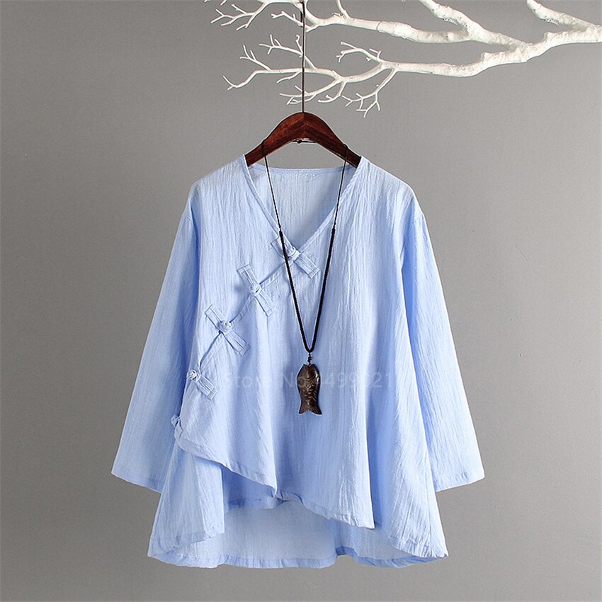 Traditional Chinese Women Tops Retro Casual Solid Linen Tea Set Breathable Tai Chi Hanfu Full Sleeve Buckle Tops Trousers: Blue Shirt