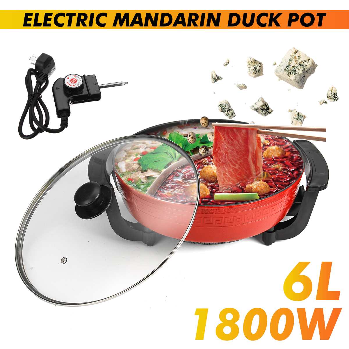 1800W 6L Electric Pot 220V Smokeless Non-Stick Home Electric Multi Cookers Pot Aluminum Kitchen Appliance 5 Temperature