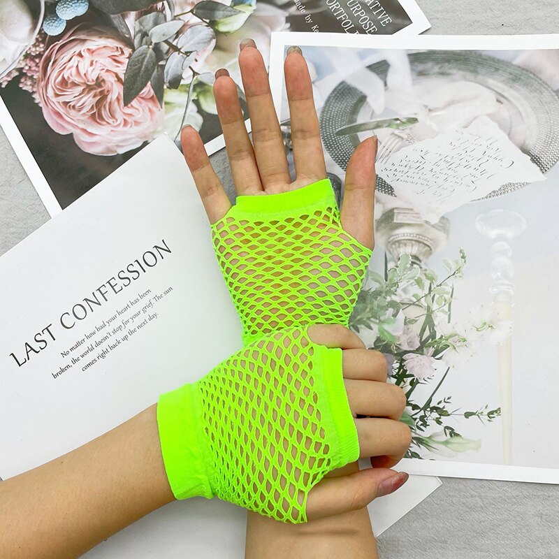 Guantes de rejilla para mujer, manoplas cortas de medio dedo, Multicolor, sexys, elásticos, de malla hueca, Punk, sin dedos, K72: Green