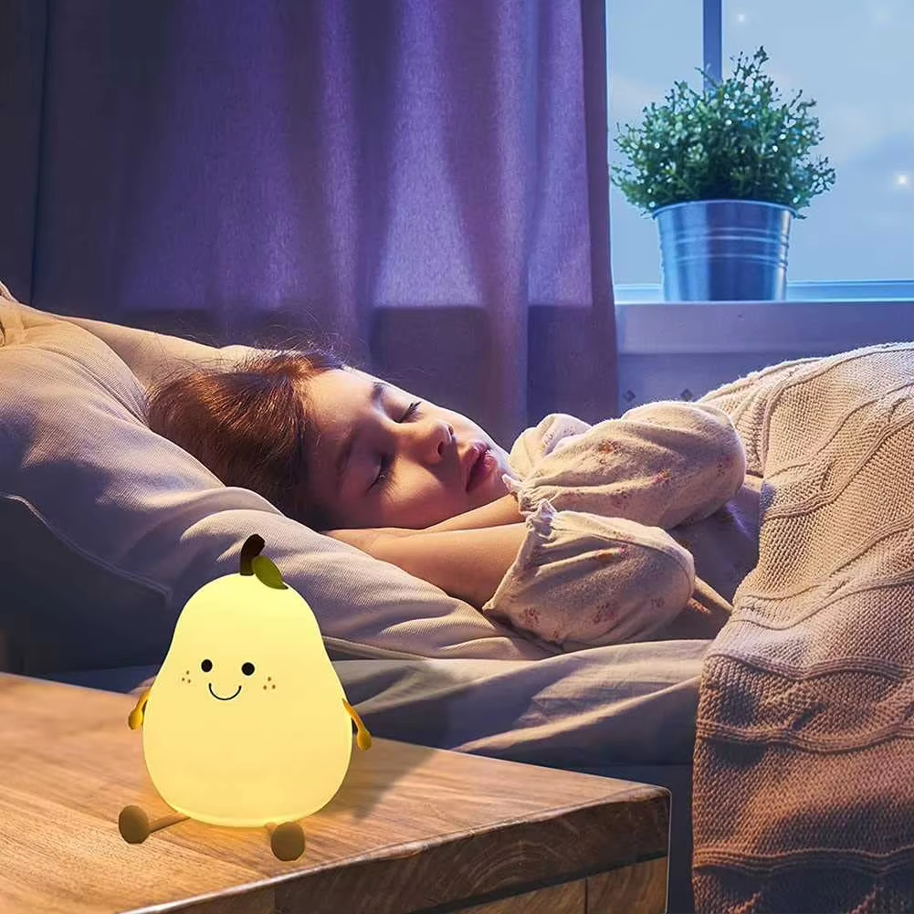 Nachtlampje voor kinderen, peervormig, schattig siliconen nachtlampje, 7 kleuren, dimbaar, usb-oplaadbaar, voor naast het bed.