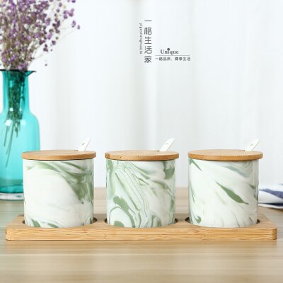 Chinese ceramic seasoning pot Kitchen Tools Gadgets Salt Sugar bowl Canister spice jar Herb Spice Tools Ceramic jar Bamboo box: 8
