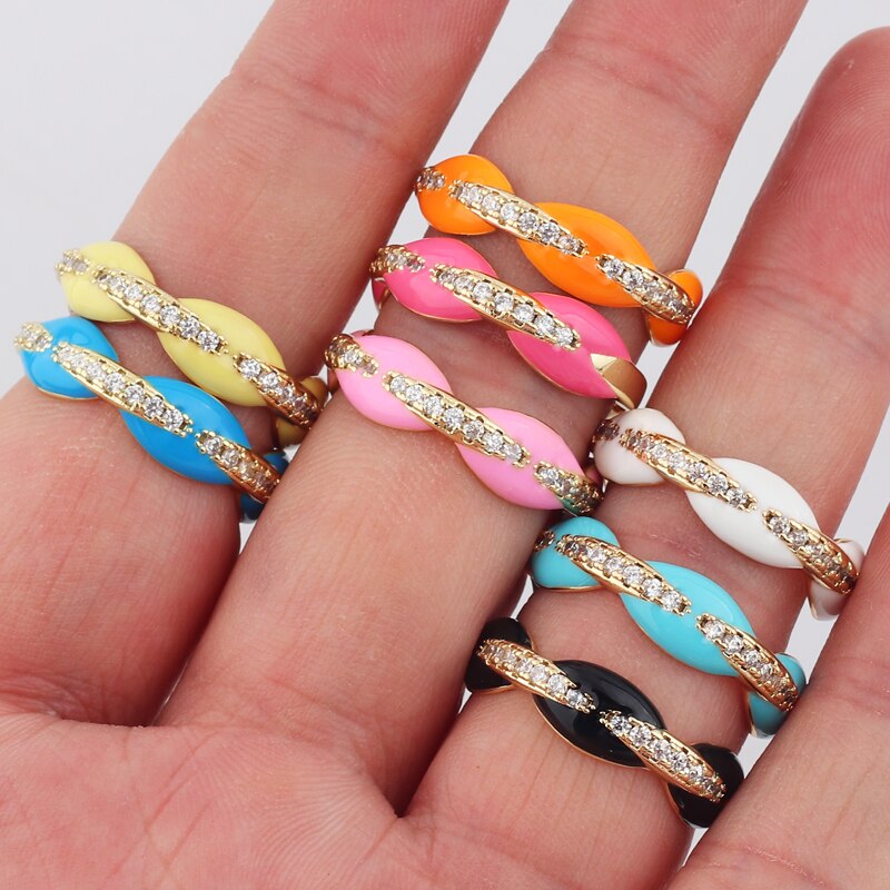 Kleurrijke Neon Emaille Zirkoon Vergulde Ring Voor Vrouwen Cz Micro Pave Engagement Eternity Band Stapel Vrouwen Vinger Ring