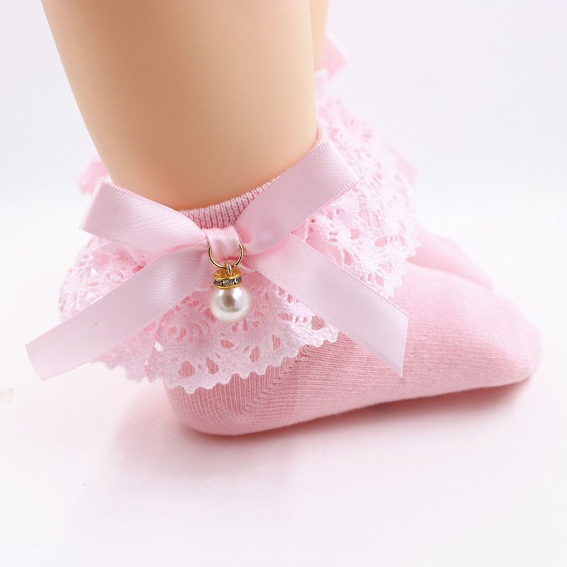 SchöNe Spitze Rüsche Baby Socken Perle Bogen Prinzessin Baby Mädchen Socken Baumwolle Weichen Säuglings Kleinkind freundlicher Socken meia infantil