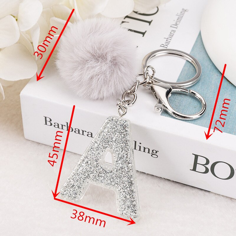 1 PC Sleutelhanger Zilver Kleur Engels Brief Sleutelhanger met Puffer Bal 26 Engels woord Glitter Hars A TOT Q Handtas bedels voor Vrouw