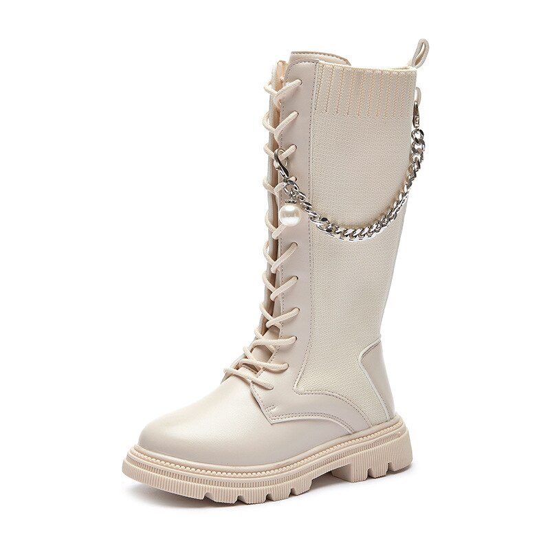 Inverno único botas de alta-tubo botas meia meados de tubo botas novas crianças malha botas de estiramento meninas botas de metal corrente princesa: Branco / 32 (Inner 19.6CM)