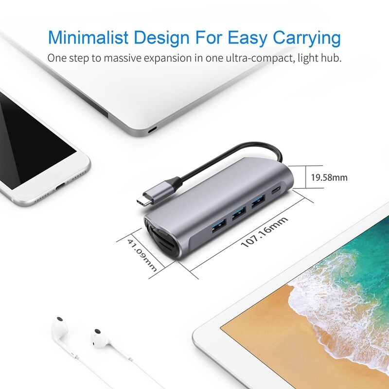 USB C Hub 6 in 1 Type C Adapter with USB 3.0 Hub SD/TF Card Reader PD Charging for iPad and More Laptop Tablet