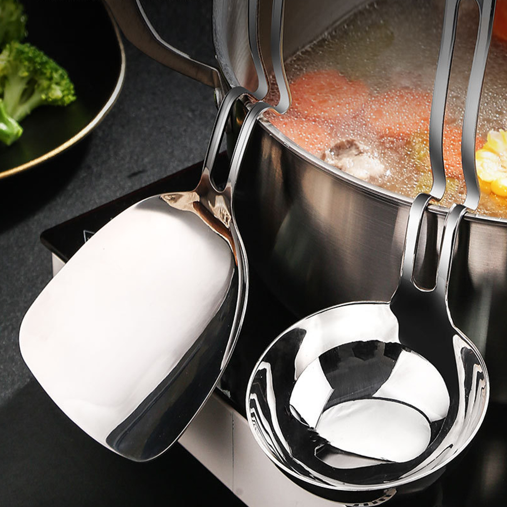 Stainless Steel Hanging Ladle with Unique Curved Handles pot soup spoon thickening Side Rest Ladle 13 inches