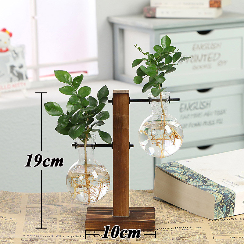 Glas og træ vase planter terrarium bord desktop hydroponics plante bonsai urtepotte hængende potter med træbakke boligindretning: 2 runde kugler