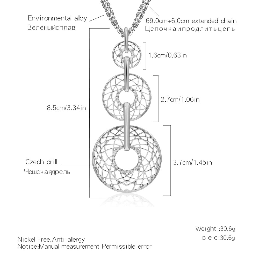 Collares con colgante de 3 círculos de cristal para mujer, joyería Vintage, accesorios de cadena de suéter de oro plateado, collar largo,