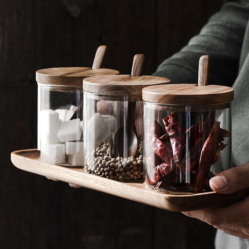 1 stk køkkenkrydderglas glas krydderi beholder salt krukker krydderi gryde med låg og ske krydderier opbevaringsglas glas krukke