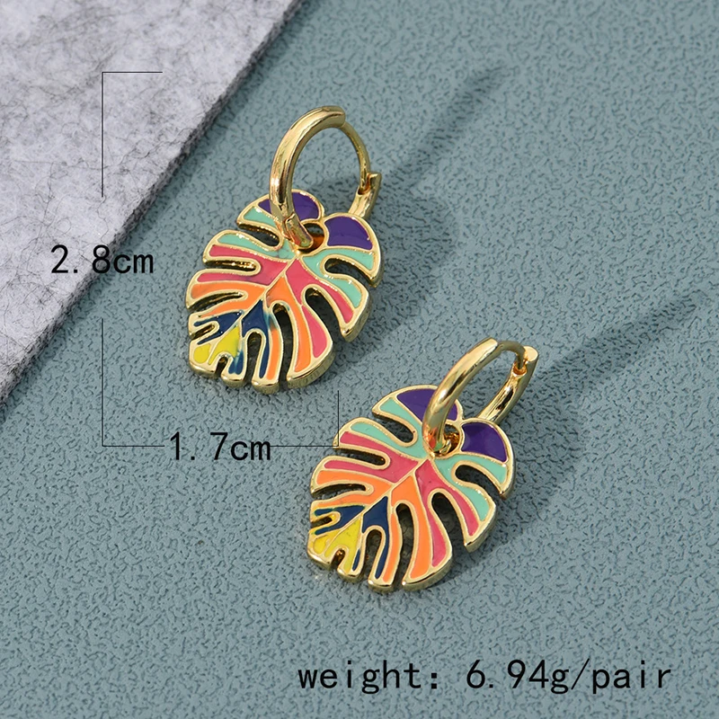 Pendientes de aro de Color dorado con forma de planta de Cactus y hoja esmaltada colorida para mujeres y niñas, pendientes Vintage bohemios con goteo de aceite, de joyería