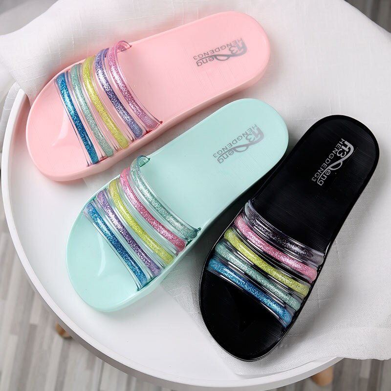 Transparent arc-en-ciel adolescent filles pantoufles enfants maison chaussures été cristal pantoufles intérieur maison antidérapant salle de bain pantoufles