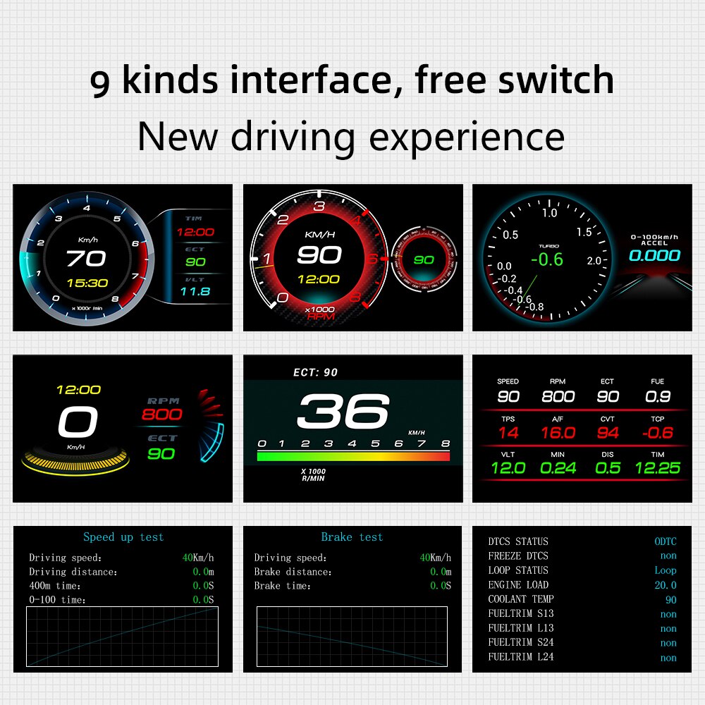 Car HUD OBD2 Auto on-board Computer Speed Monitoring with Acceleration Turbo Alarm Head Up Display Digital GuageWater&amp;Oiltemp