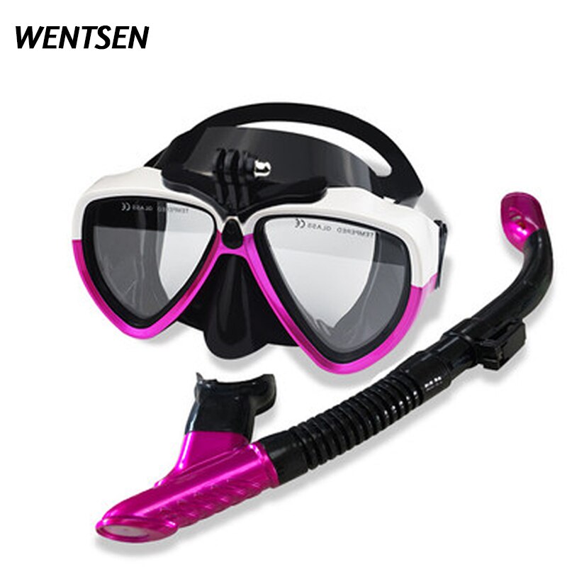 scuba dive mask kits Underwater snorkel deep diving equip full face goggles Suitable For Most Sport Camera: Black purple suit