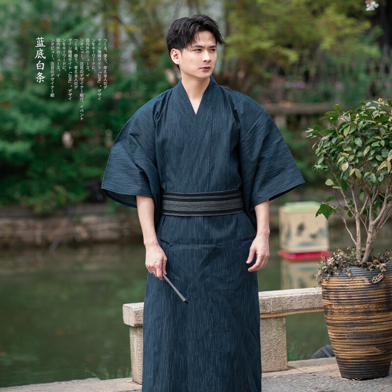 Traditionele Japanse Kimono Mode Yukata Zomer Mannen Lange Gewaden Met Riem 95% Katoen Pyjama Set Mannelijke Nachtkleding Badjas: 09 / M