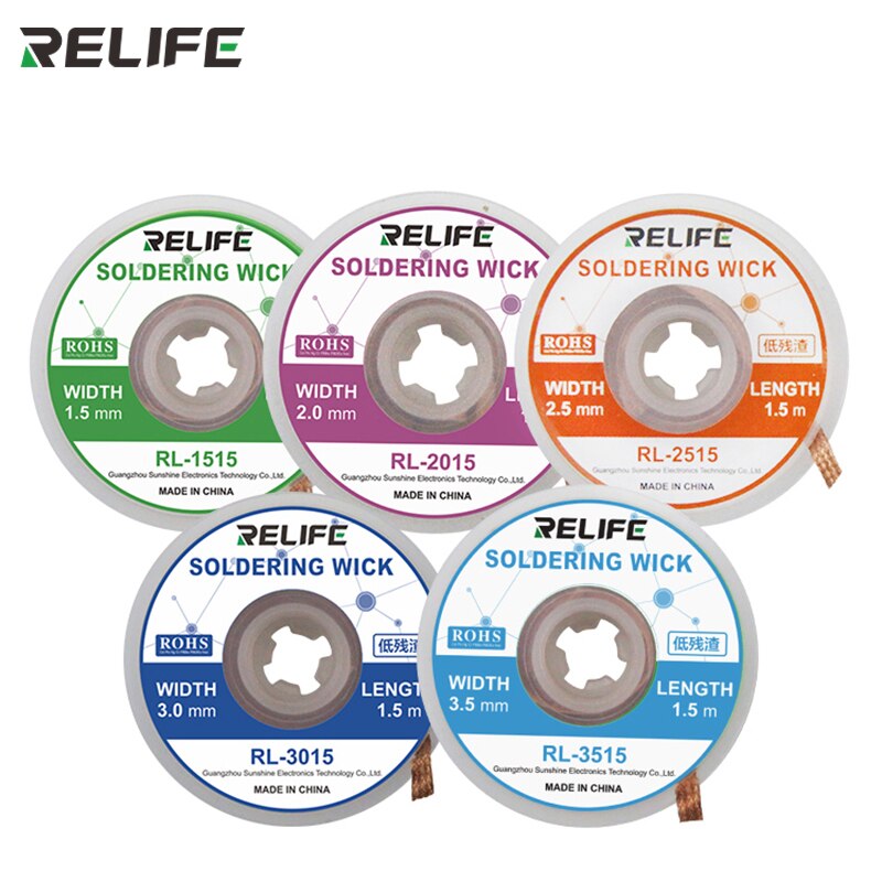 RELIFE-mecha para soldadura, cable eliminador de soldadura trenzada para PCB, herramienta de reparación de soldadura, 1 Uds., 1,5mm, 2mm, 2,5mm, 3mm, 5 uds.