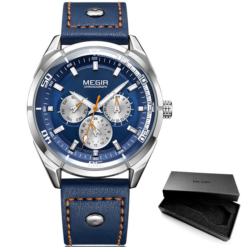 Megir Mannen Mode Lederen Quartz Horloges Met Kalender Datum Week 24-Uur Lichtgevende Horloge Voor Man Jongens Blauw 2072GBE-2: M2072G-Blue