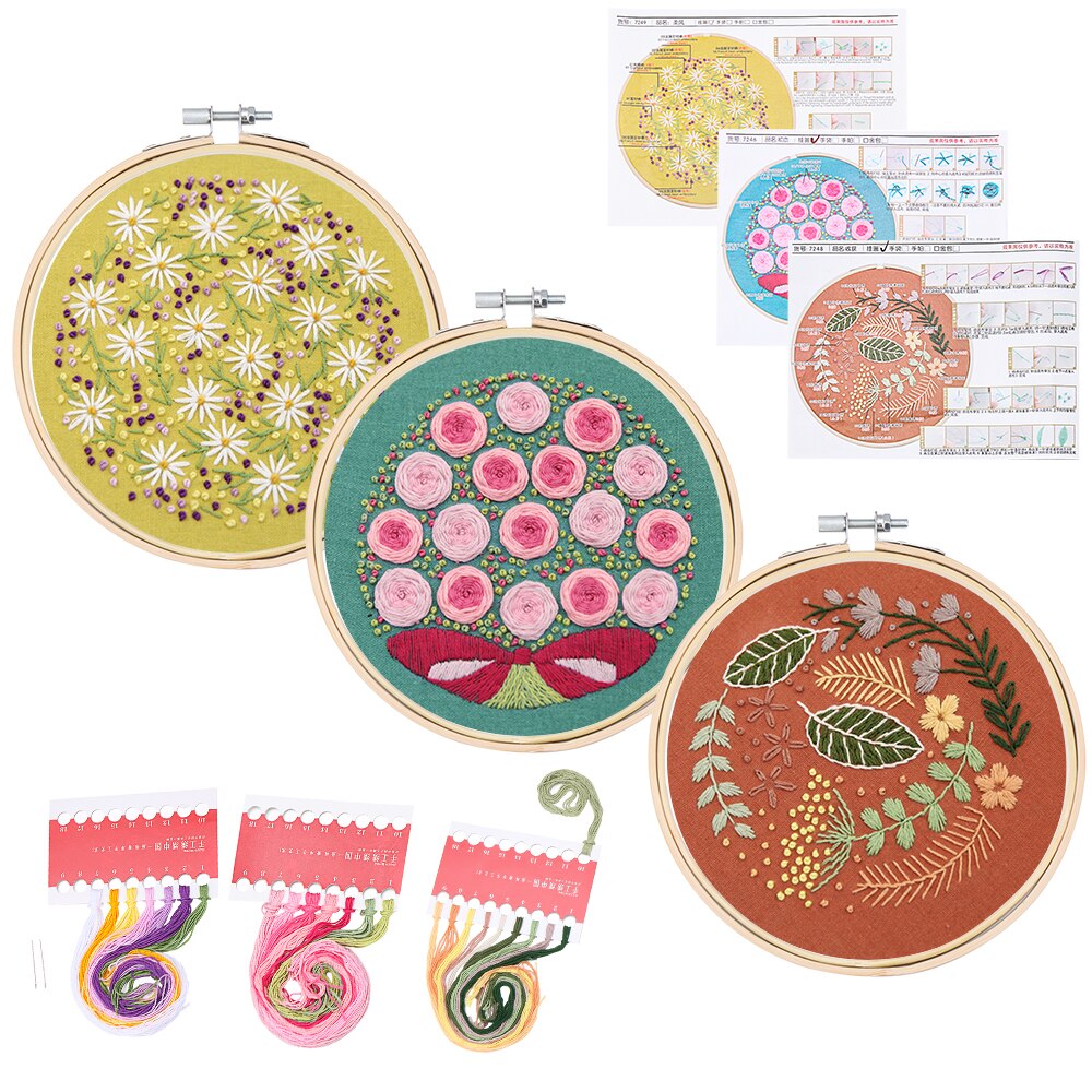 Starter Kit Stamped Threads Tools Embroidery KIt DIY Flowers Plants Sewing Craft Needlework Handwork Ribbon Painting Home Decor