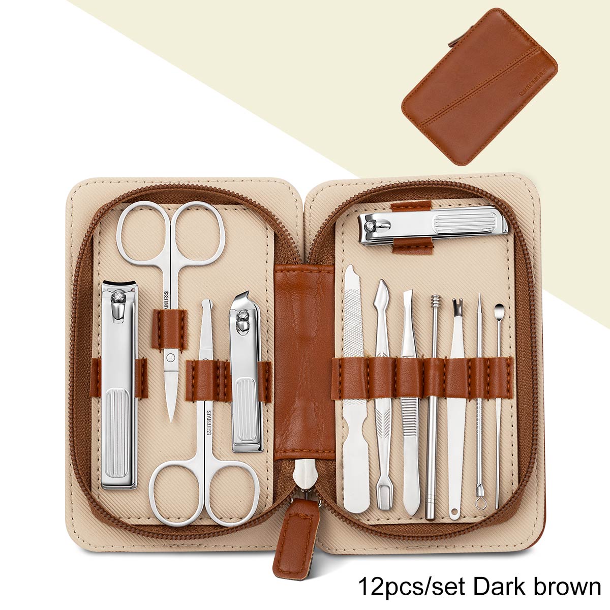 Juego de manicura y pedicura, cortaúñas de acero inoxidable, herramientas para cortar uñas, tijeras, Lima, Kit de recortador de cejas y pestañas: 12pcs-Dark brown