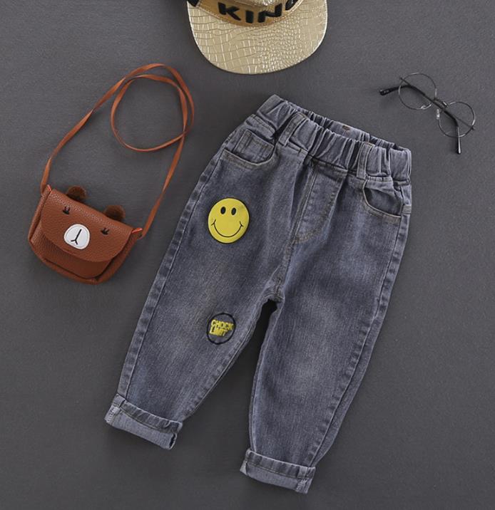 Pantalones vaqueros para niños, pantalones vaqueros negros con estampado bonito, pantalones vaqueros retro, ropa para niños, banda elástica cómoda
