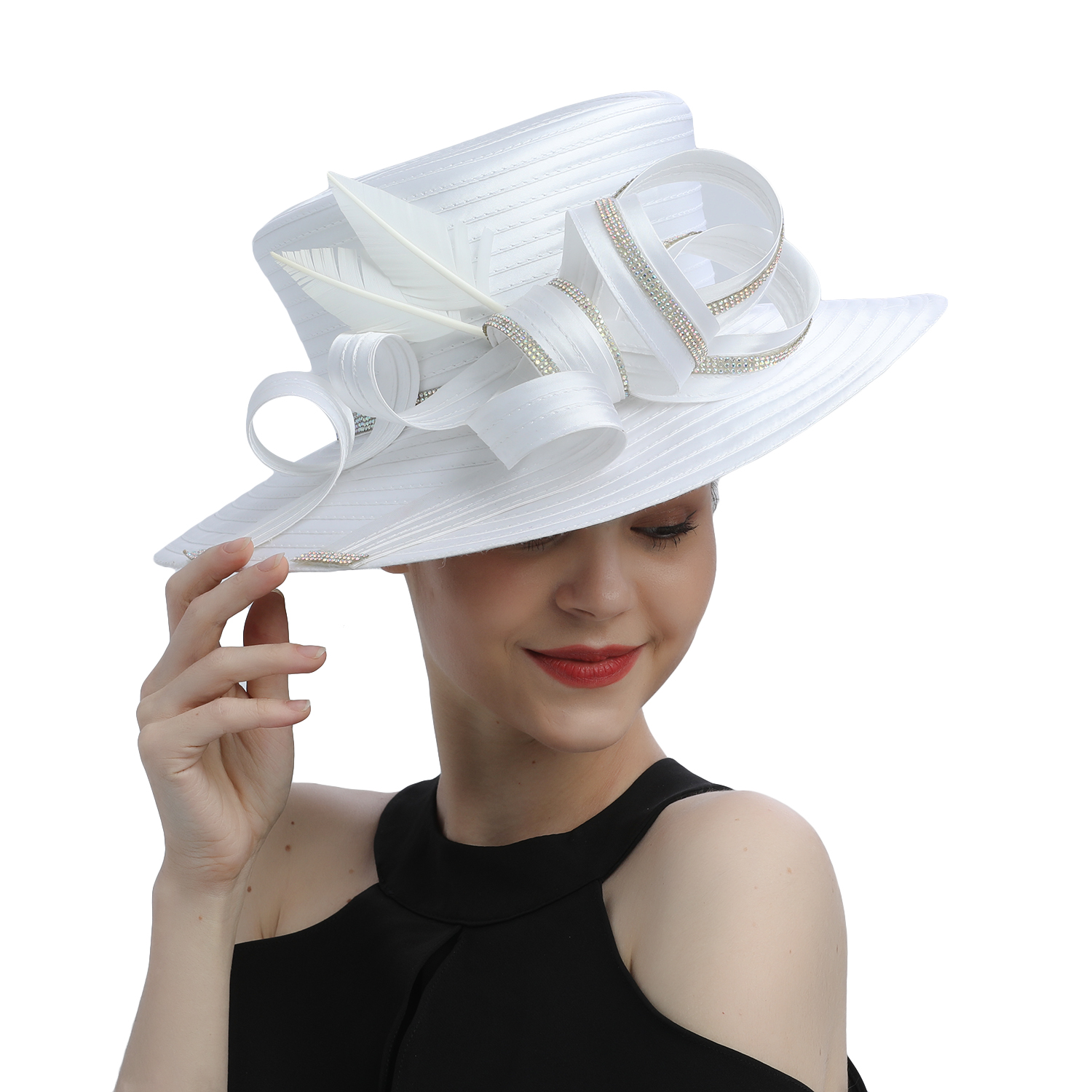 Sombrero de iglesia blanco de lujo para , banquete, tela satinada, sombreros de fotografía, cadenas Premium, sombrero Formal, gorra superior de flores para mujeres y señoras: Plata