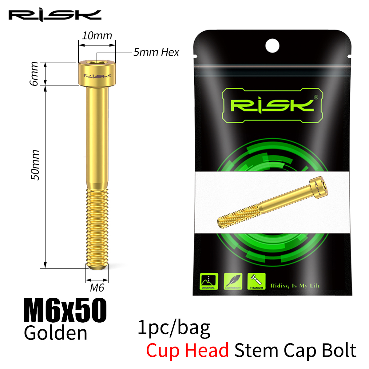 RISK Bicycle Titanium Bolt Screw M6x30 M6x35 M6x40 M6x50 for Bicycle Headset Stem Cap Cover Disc Brake Caliper Flat Allen Head: army green