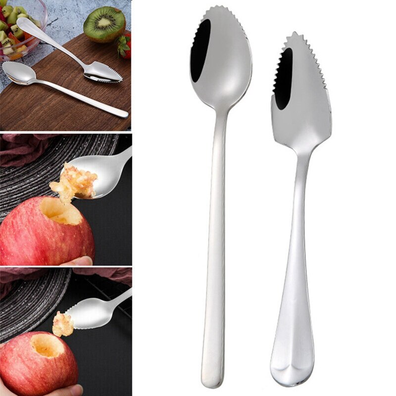Rvs Grapefruit Apple Fruit Lepels Puree Lange Handvat Multi-Functionele Babyvoeding Bereiden Tool Zaagtand Schraper Lepel