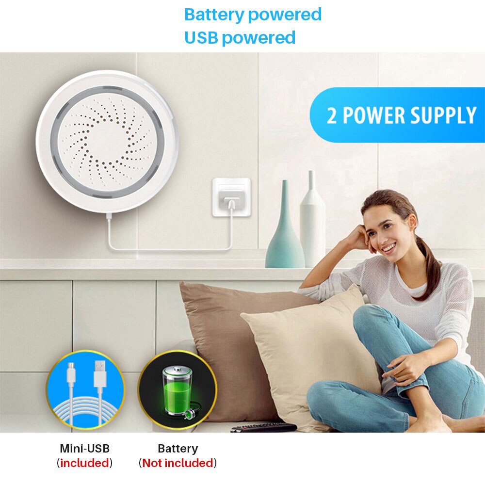 WiFi Siren Alarm Sensor Smart Home Security System USB Powered APP Notification Via Smartphone Support Alexa Google Home