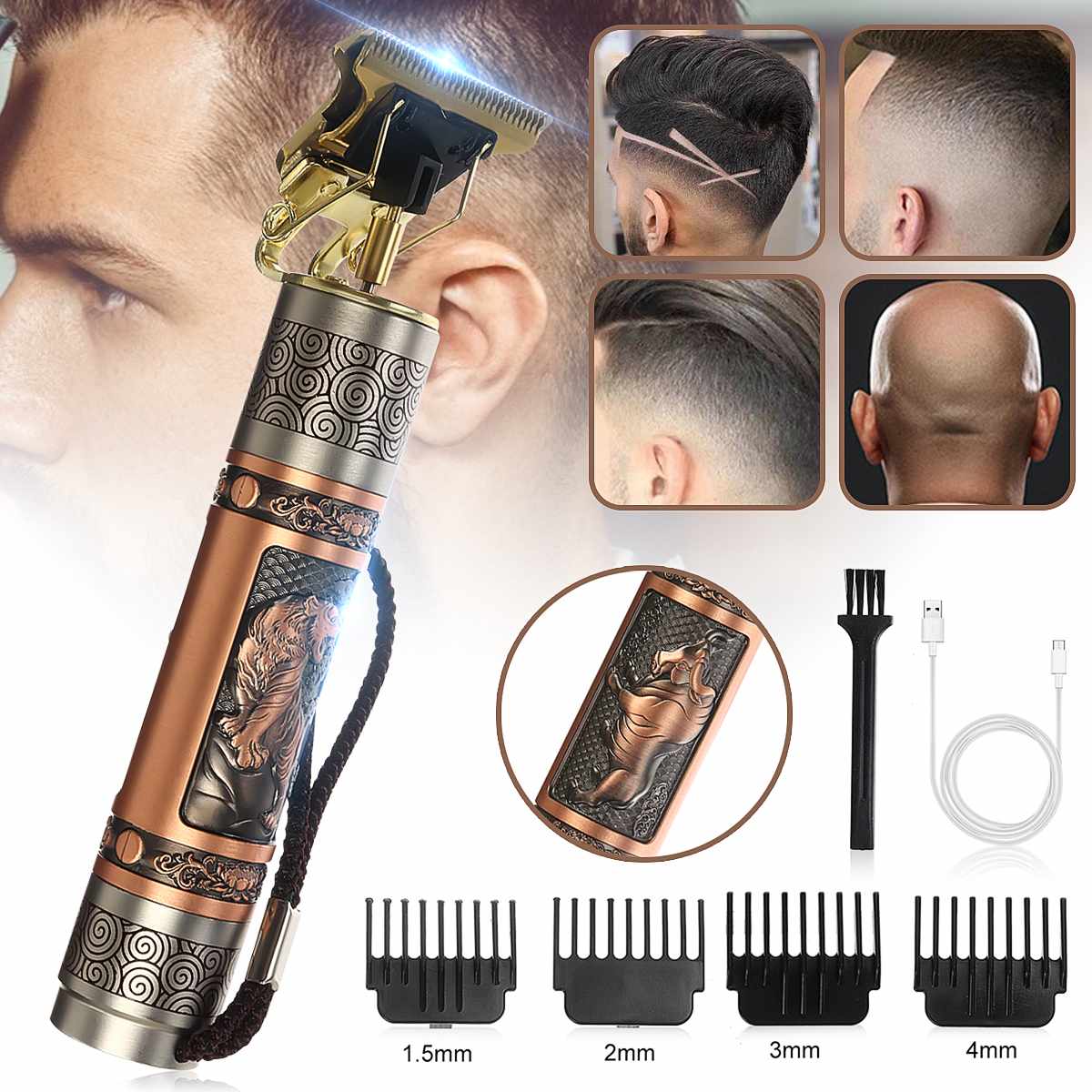USB Bald Head Hair Clipper Trimmer Heavy Hitter Shaving Rechargeable Cordless Hair Cutter Buddha Dragon Tiger 0mm T Blade Head
