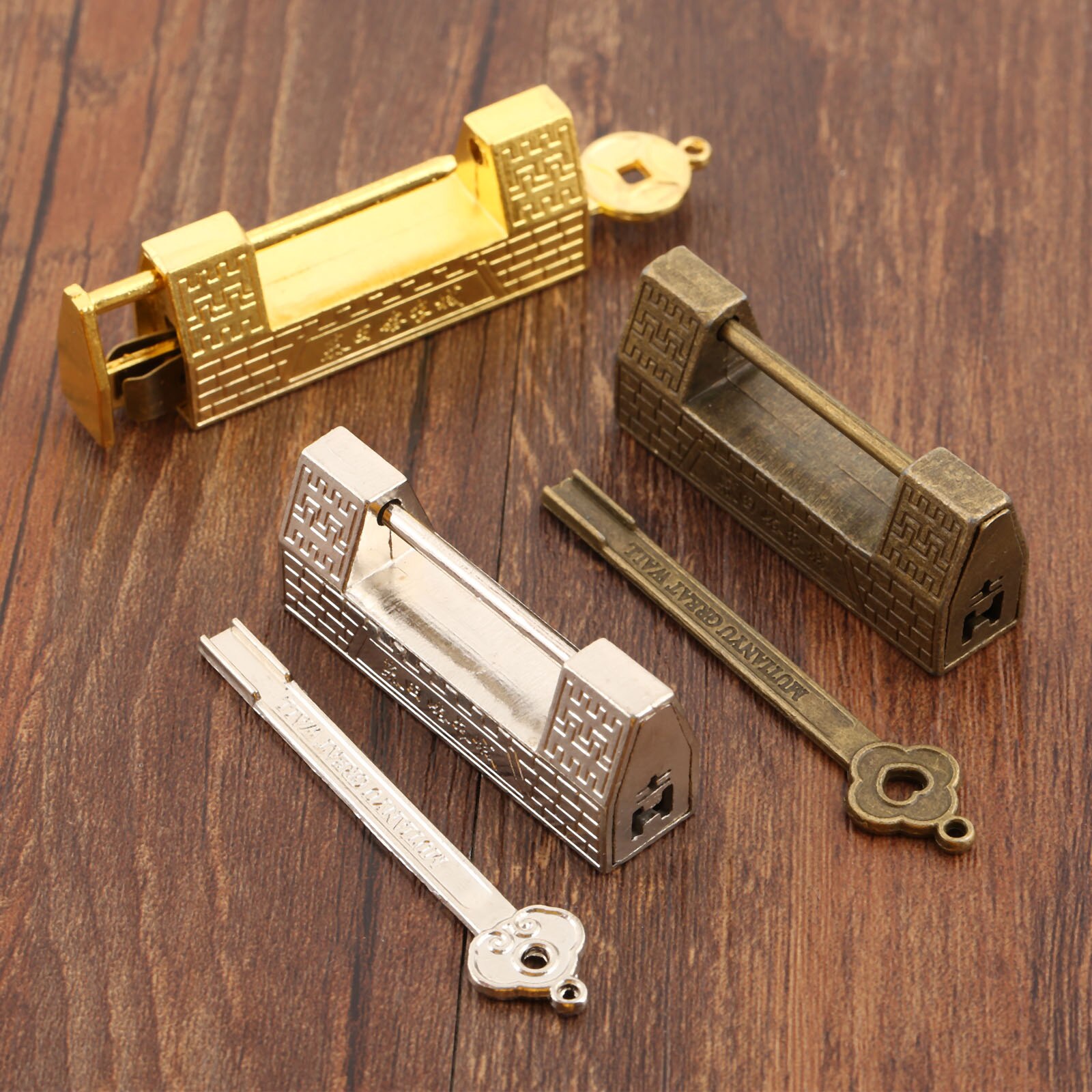 Vintage Slot Met Sleutel Grote Muur Patroon Hangslot Goud/Zilver/Brons Antieke Oude Chinese Sieraden Houten Doos Case lade Kast