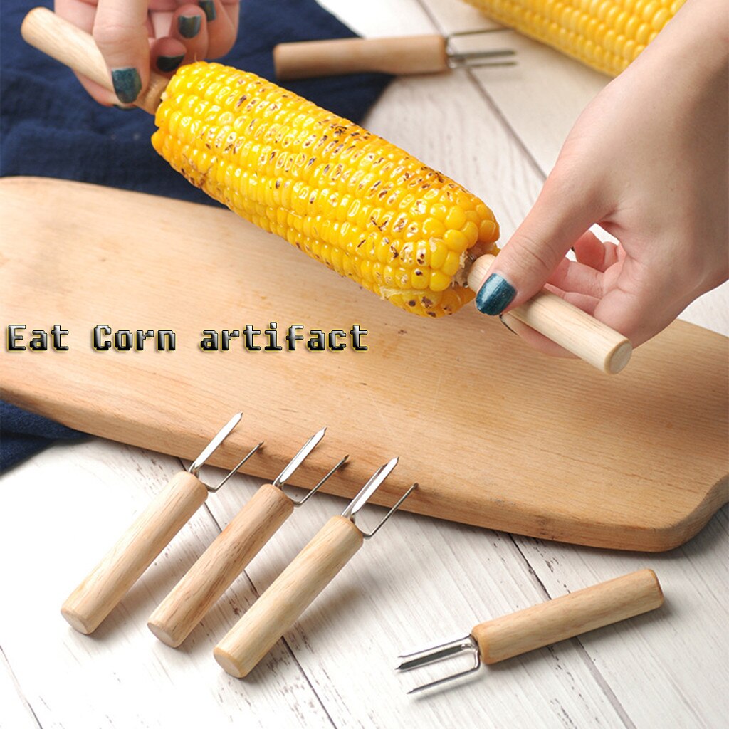 Stainless Steel Corn Forks Corn On The Cob Skewers Stainless Steel Corn Holder With Wooden Handle Barbecue Bbq Supplies 8PCS