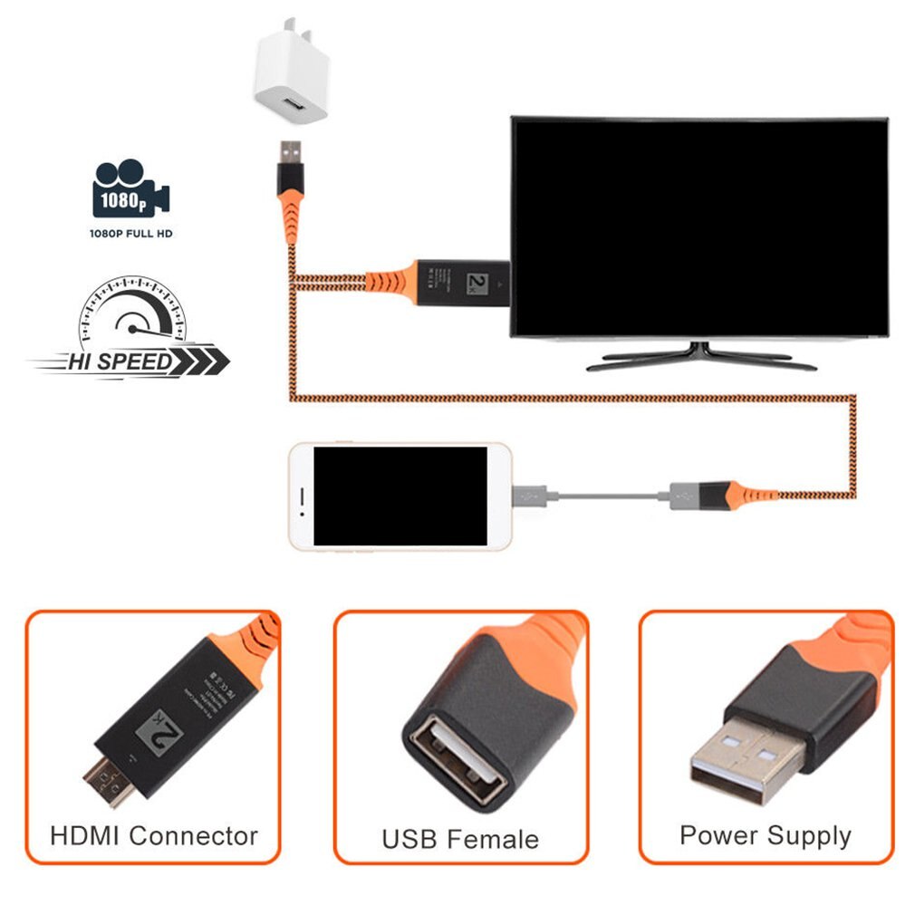 Draagbare Size Nylon Draad Gevlochten Usb Vrouwelijke Naar Hdmi Mannelijke Hdtv Adapter Kabel Ondersteuning Type-C Lightning Kabel