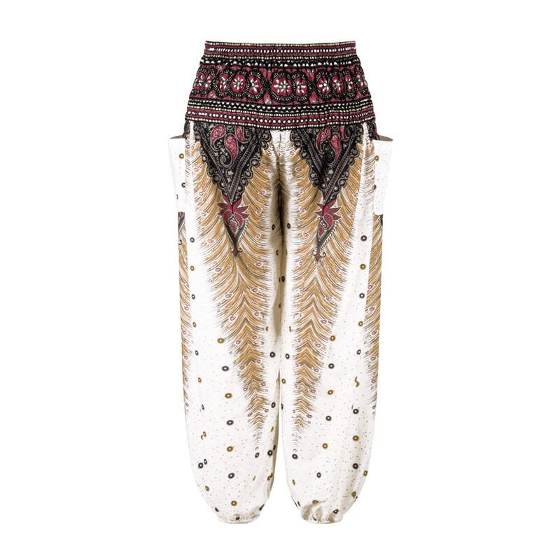 Men Thai Harem Pants Casual Trousers Loose Elastic Waist Vintage Print High Waisted Beach Pants Unisex Women Drawstring