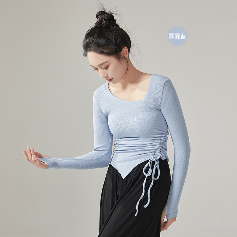 Vrouwen Moderne Danskleding Vingermouwen Zoom Trekkoord Gebreide Tops Stage Performance Kleding China Slim Fit Yoga Kostuum: L / Goud