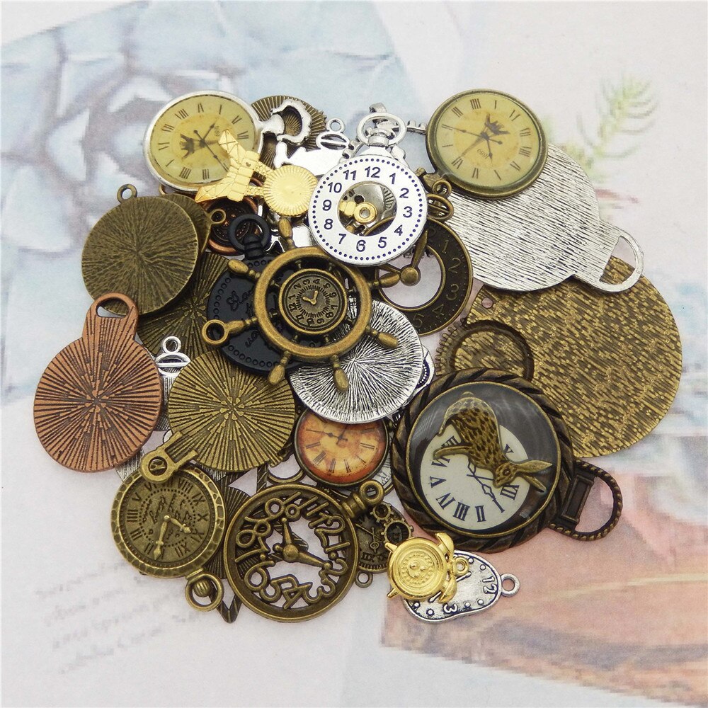Julie Wang 20PCS Alloy Clock Watch Face Charm Steampunk Bracelet Necklace Pendant Bronze Silver Color Jewelry Making Accessory
