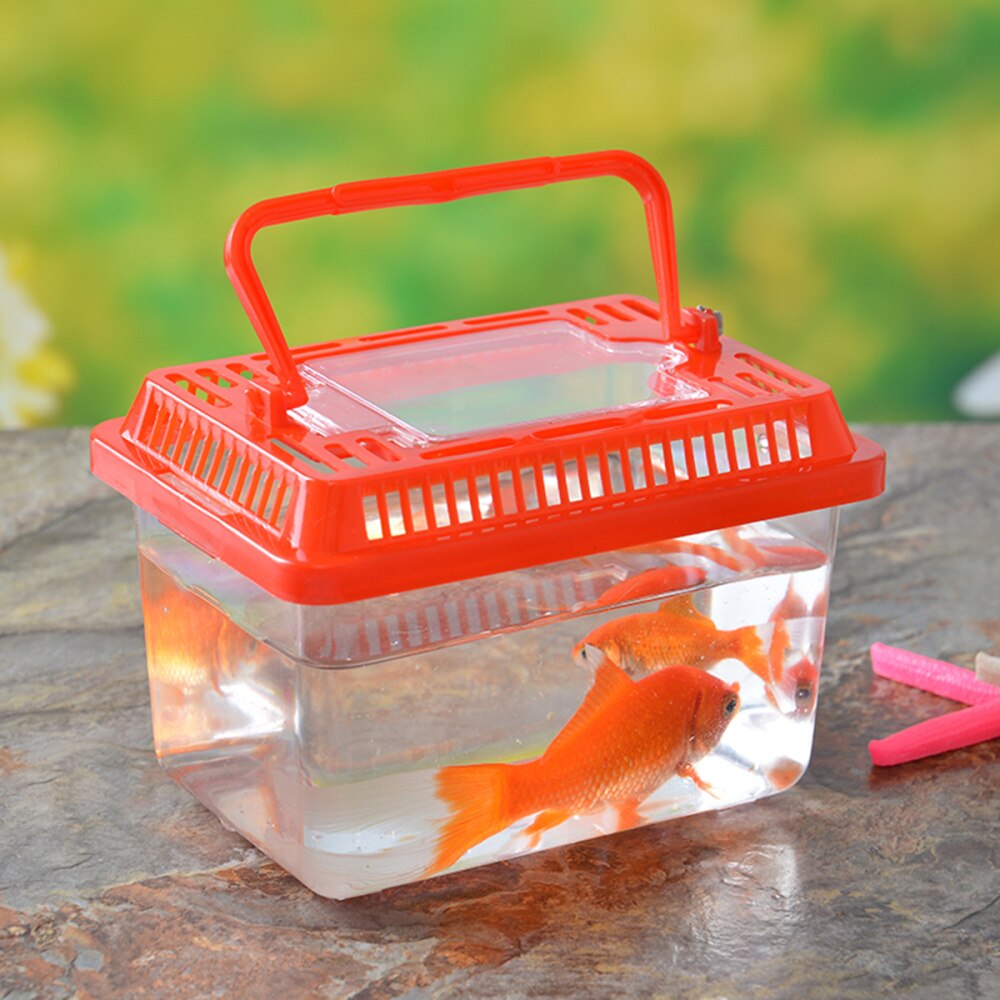 Mini Fish Tank Handheld Fish Tank for Turtle and Pet Fish (Red - Lid for Random)