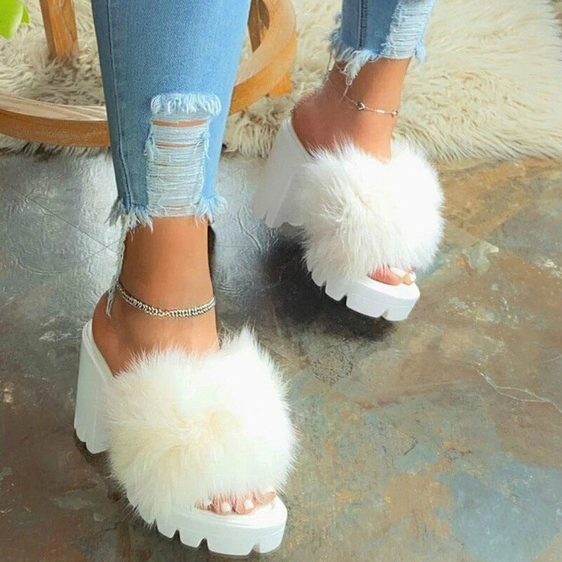 Plus Size 43 Women Furry Sandal Ladies Shoe Cute Plush Fluffy Sandals High Heels Platform Outdoor Slippers Zapatillas Casa Mujer