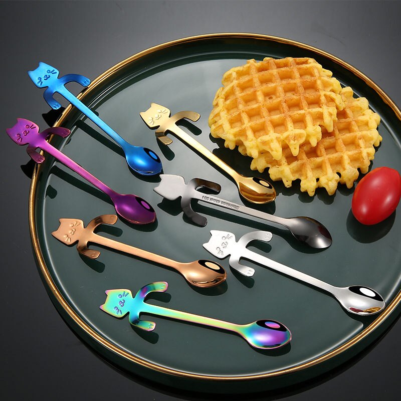 Dibujo animado de gato colgante taza cuchara de acero inoxidable cuchara de café taza té cuchara postre helado cucharilla vajilla U3