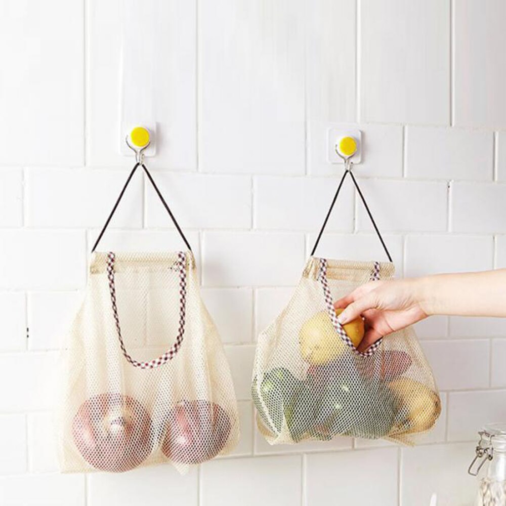 Large Reusable Storage Hanging Mesh Storage Bags Tote Bags for Fruit Veggies Garbage Bag Shopping Basket Kitchen Organization