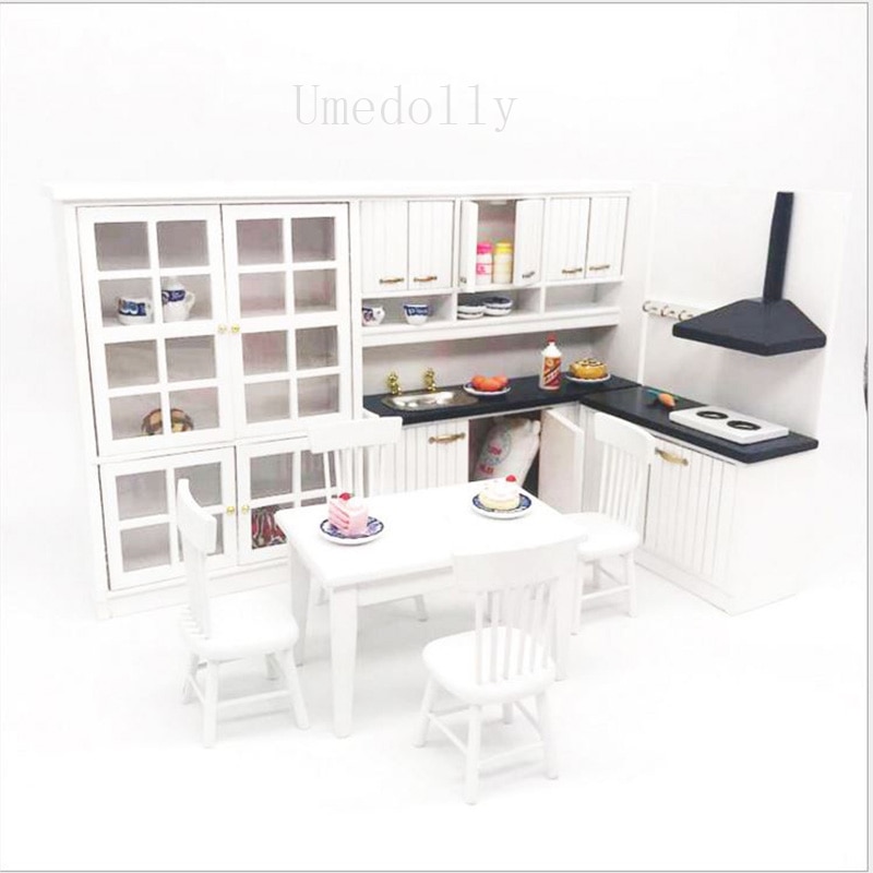 1 Set 1/12 Scale Dollhouse Miniature Kitchen Cabinet + Dinning Table + Chair Mini Furniture Toy Accessories