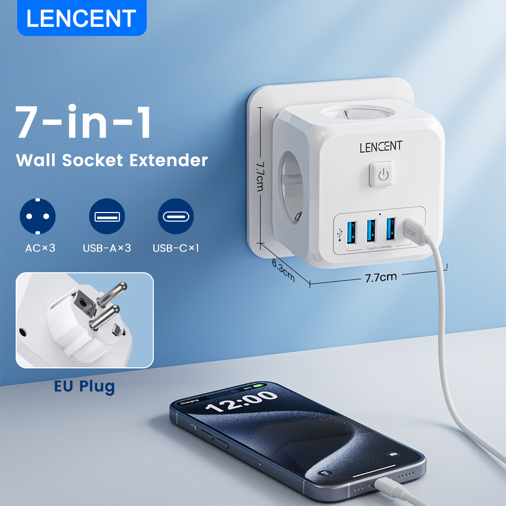 LENCENT Wandsteckdosen-Verlängerung mit 3 AC-Steckdosen, 3 USB-Anschlüssen und 1 Typ C 7-in-1 EU-Stecker-Ladegerät Ein/Aus-Schalter für Zuhause